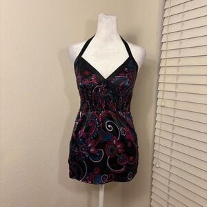 Guess Womens XS Halter Top Black Paisley Floral Smocked Waist Satin Y2K